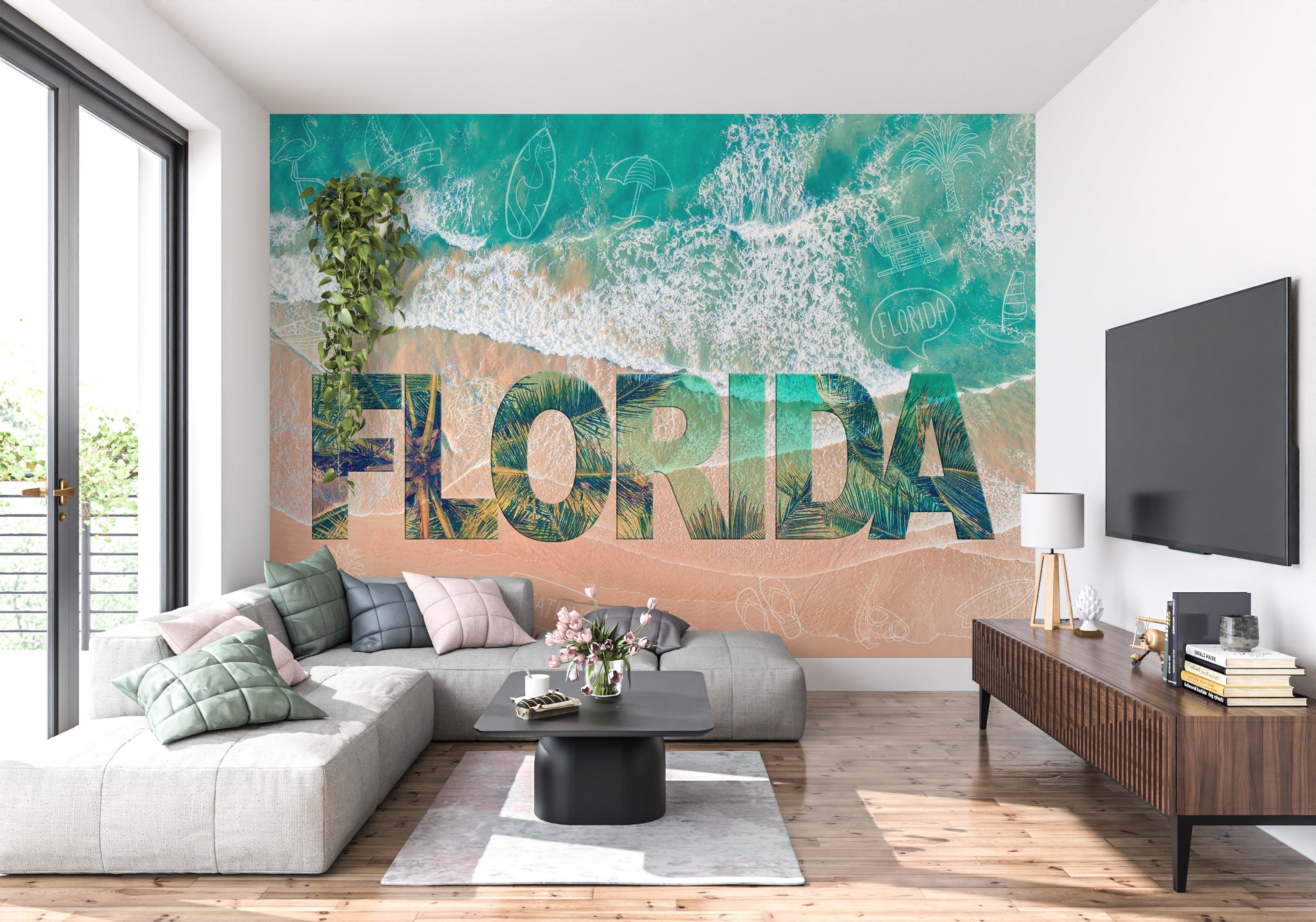 Florida-inspired mural wall in a sitting room