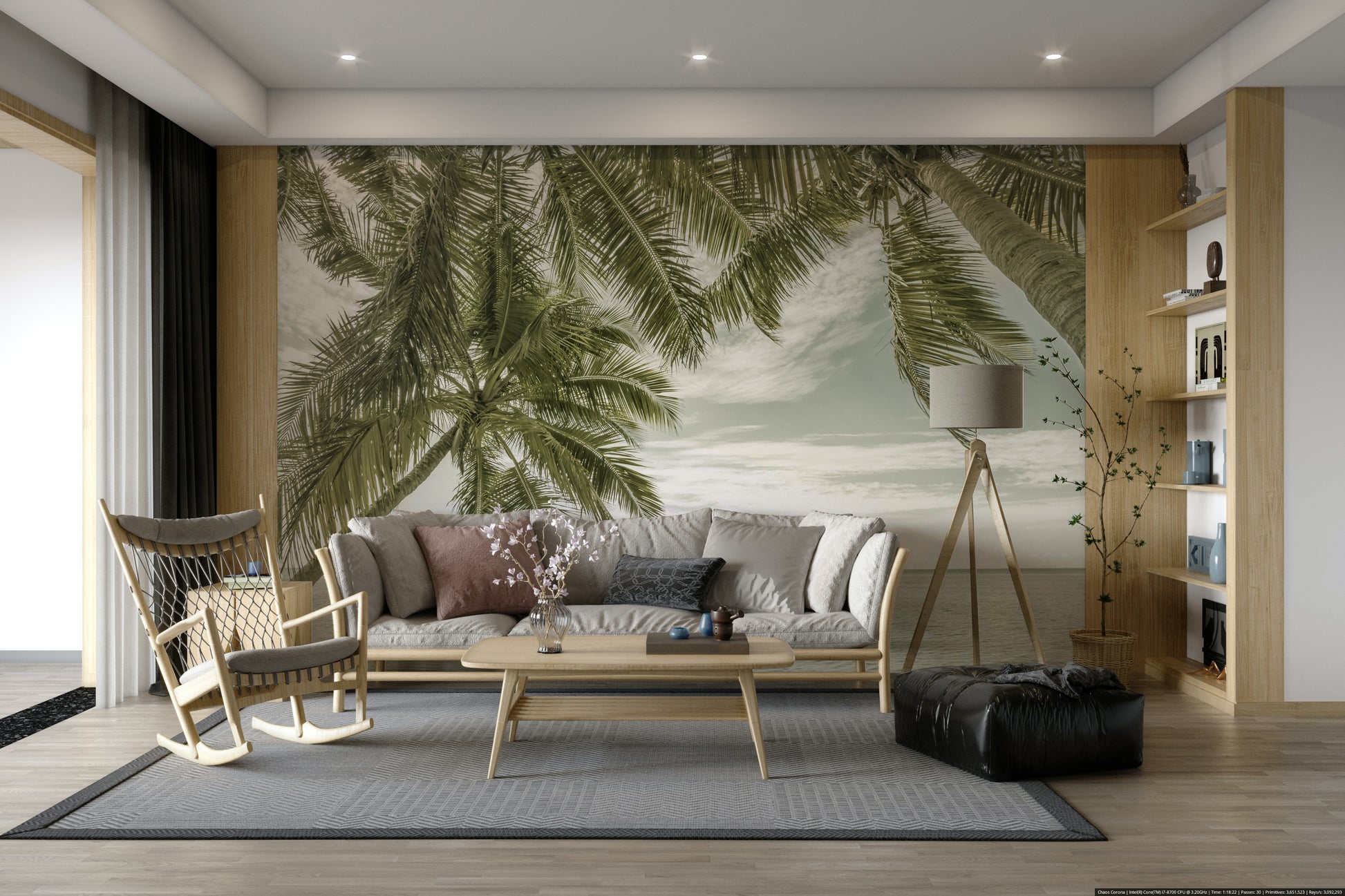 Elegant Florida interior with a decorative wallpapered wall